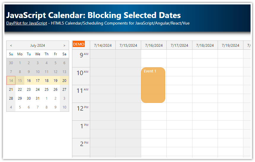 JavaScript Calendar: Blocking Selected Dates