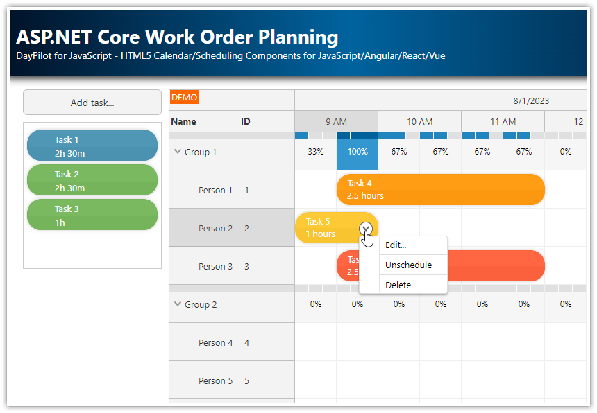 ASP.NET Core Work Order Scheduling (JavaScript, C#, Entity Framework, .NET 8)