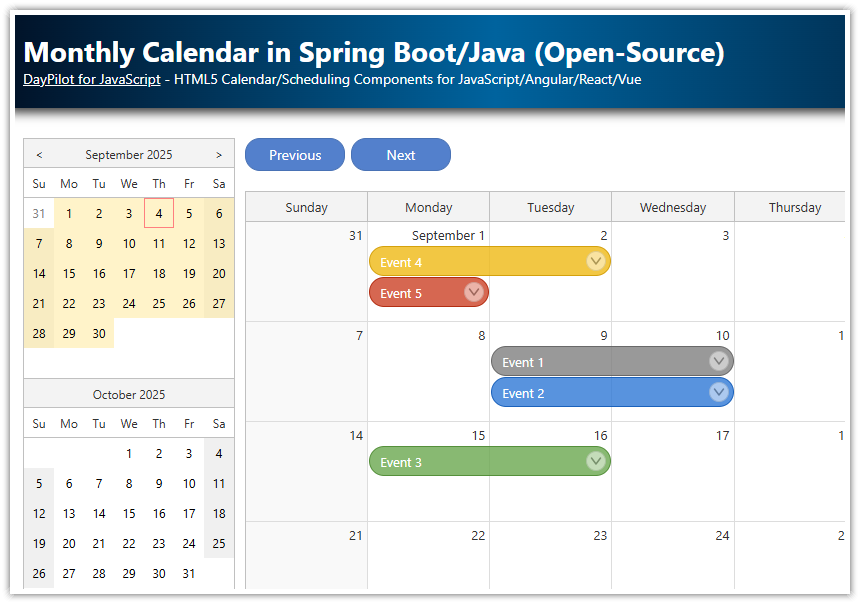 Monthly Calendar in Spring Boot/Java (Open-Source)