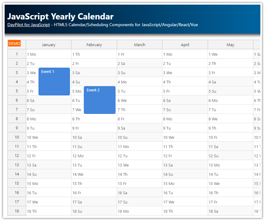 JavaScript Yearly Calendar