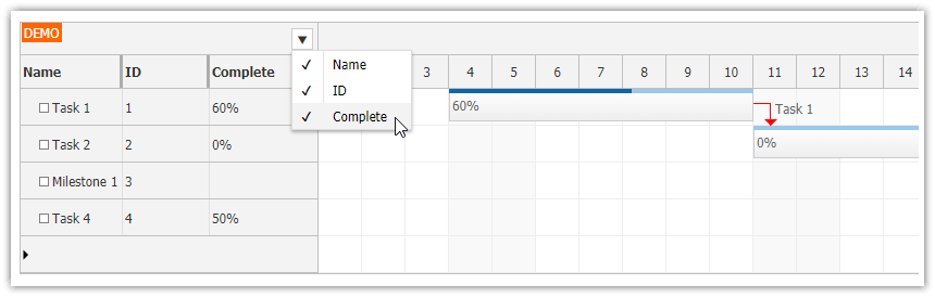 JavaScript Gantt Chart: Show/Hide Columns using Context Menu