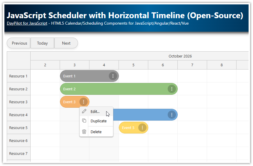 JavaScript Scheduler with Horizontal Timeline (Open-Source)