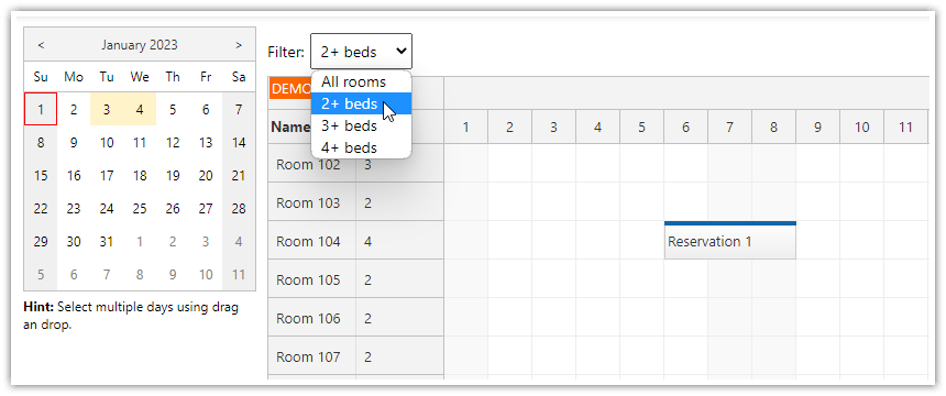javascript html5 scheduler room filtering size