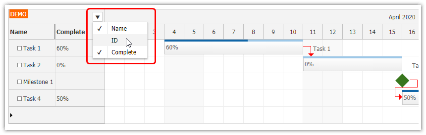 javascript gantt chart show hide columns icon