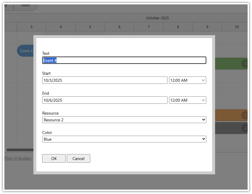 JavaScript Scheduler with Horizontal Timeline - Event Editing Modal Form
