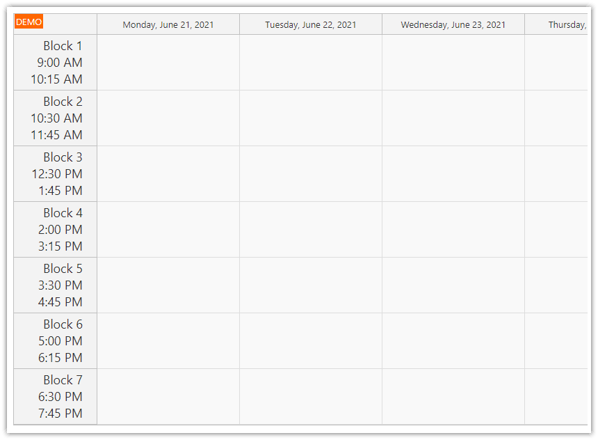 asp.net timetable time slot names