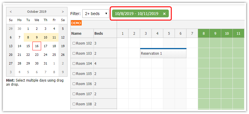 javascript html5 scheduler room filtering label