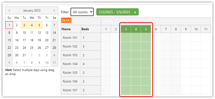 javascript html5 scheduler component room filtering availability highlighting