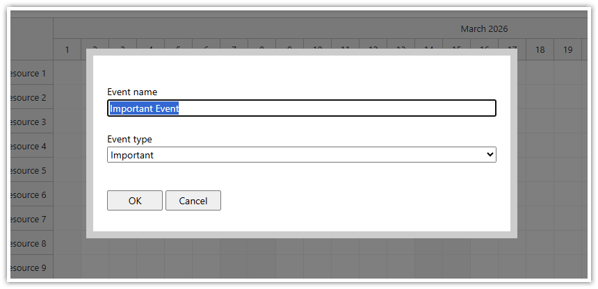 JavaScript Scheduler - Edit Event Type using Modal Dialog